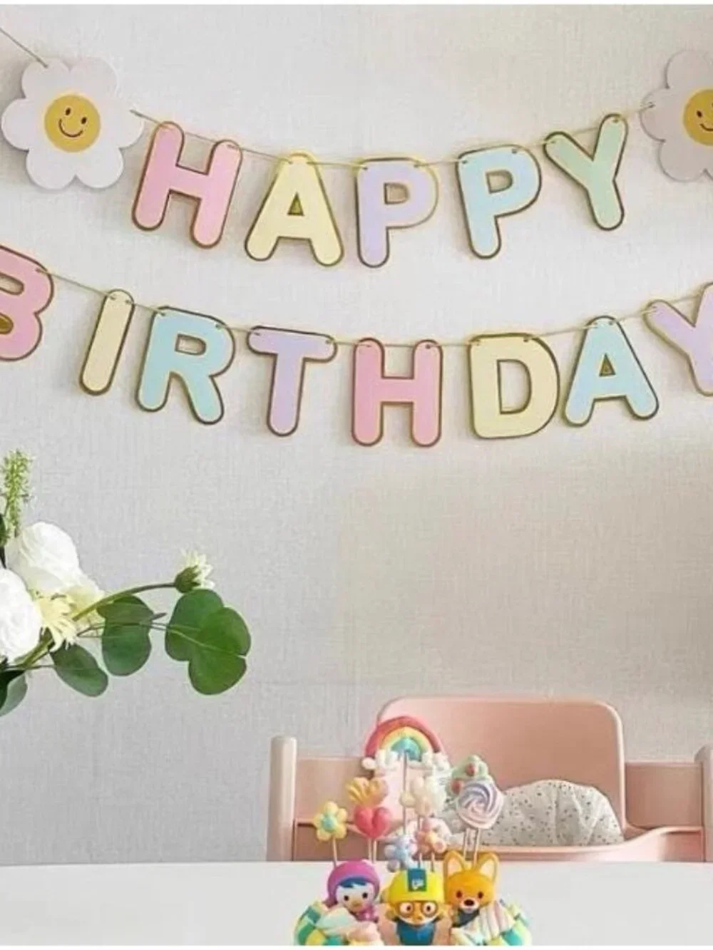 Pastel Happy Birthday Banner with Daisy Flowers, Kids Birthday Garland Decor